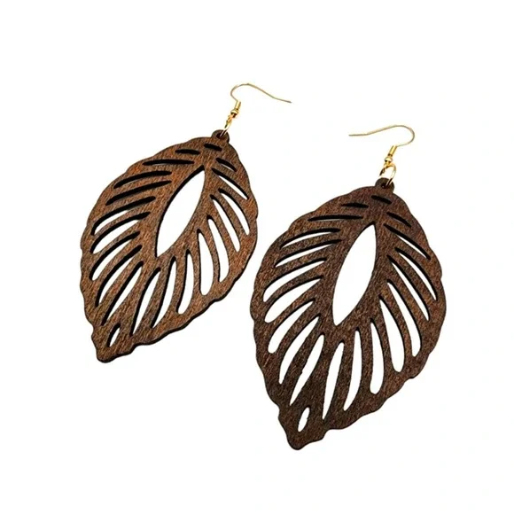 Hollow Leaf Earrings Wood Bohemian Dangle Boho Style Ear Jewelry Brown Gold - Picture 4 of 4